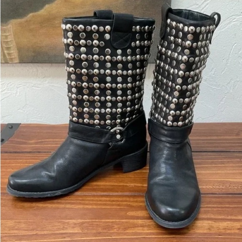 Stuart Weitzman Moto Studded Harness Punk Leather Boots Mid Calf biker boots